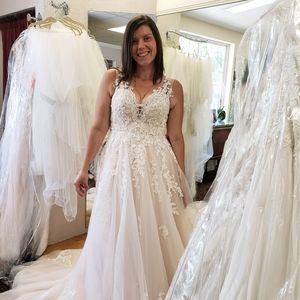 Blush Ballgown Wedding Dress with champagne overlay. Gorgeous lace detailing.